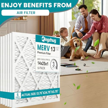 14x25x1 MERV 13 (6-Pack) Pleated Air Filter (Actual Size: 13.75" x 24.75" x 0.75") MPR 1900 & FPR 10, Furnace Air Filters - size: 14x25x1 6-Pack