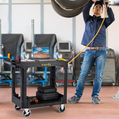 ELAFROS Heavy Duty Plastic Flat Top Utility Work Cart, 37 x 18.8 in, Black - color: Black, size: 2 fixed 2 swivel casters