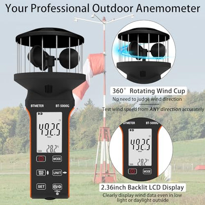 BTMETER Cup Anemometer CFM Air Flow Meter with 360° Cup Sensor & Direction - color: Black