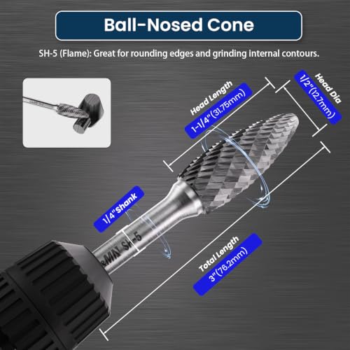 LU&MN SH-5 Tungsten Carbide Burr, 1/2" Head 1/4" Shank, 3 Pcs - style: SH-5,3PCS