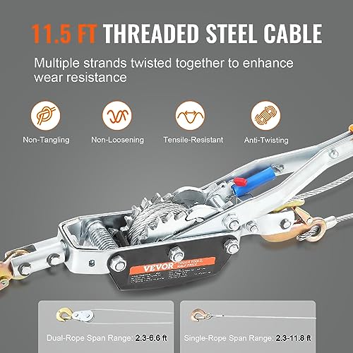 VEVOR Come Along Winch, 5 Ton (11,023 lbs) Pulling Capacity, 11.5 ft Steel Cable, 3 Hooks, Heavy Duty Ratchet Power Puller Tool with Dual Gears, Automotive Hoist Cable Puller Ideal for Vehicle Rescue - size: 5 Ton