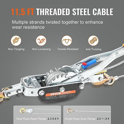 VEVOR Come Along Winch, 5 Ton (11,023 lbs) Pulling Capacity, 11.5 ft Steel Cable, 3 Hooks, Heavy Duty Ratchet Power Puller Tool with Dual Gears, Automotive Hoist Cable Puller Ideal for Vehicle Rescue - size: 5 Ton