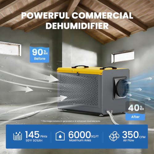 145 Pints Commercial Crawl Space Dehumidifier for Basement w/Pump & Drain - color: Yellow