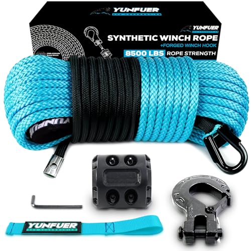 Synthetic Winch Rope Cable Kit - 3/16" x 50ft, 8500LBS with Protective Sleeve + Forged Winch Hook + Rubber Stopper and Safety Pull Strap for ATV UTV (Blue) - color: blue, size: 3/16"x50ft