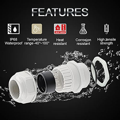 LeMotech 20 Pack NPT 1/4" Cable Glands Waterproof Adjustable 4-8mm Cable Connectors Grey Nylon Joints with Gaskets - color: Grey, size: 1/4inch 20-pack