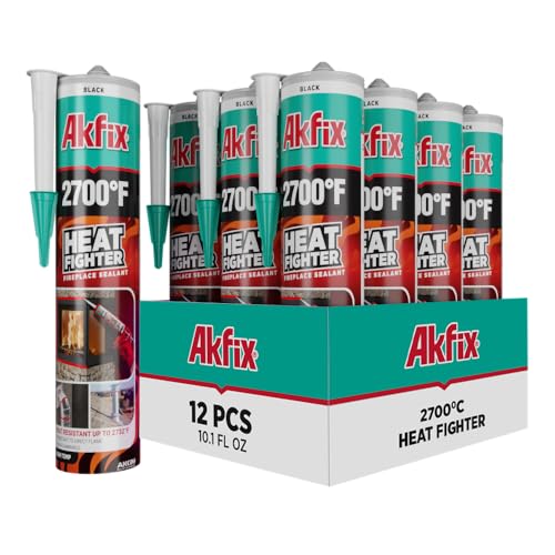 Akfix Heat Fighter Black Fireplace Sealant - 2700 °F (12x10.1 oz.) - Heat Resistant Fireplace Stove Caulk for Chimneys, Ovens, Grills, Wood Stoves | Non-Flammable, Quick-Drying & Paintable Cartridge - size: 12 Pack