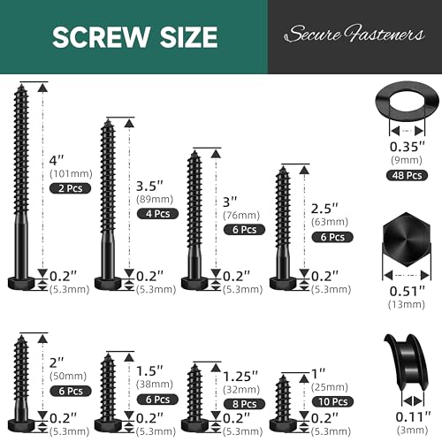 96Pcs 5/16" Hex Head Lag Screws, 304 Stainless Steel Wood Screws with Washers Kit with Socket, Black Oxided 5/16 Lag Bolts for Outdoor Woodworking - color: Black, size: 5/16 Kit