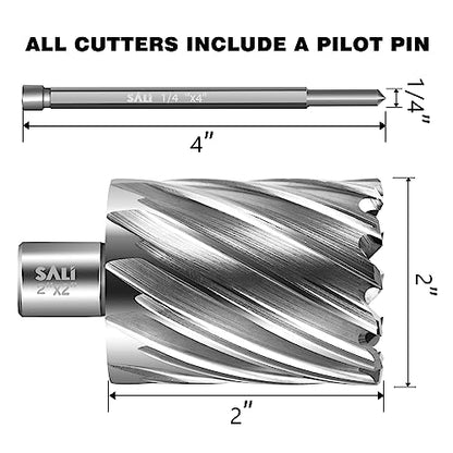 SALI Annular Cutter Diameter 2 Inch with Weldon Shank 3/4" (with 2 Flats) Cutting Depth 2" Mag Drill Bit for Magnetic Drill Press HSS Fully Ground Drill with One 1/4"*4" Pilot Pin - size: 2"*2"