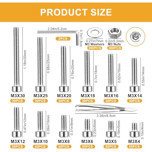1110Pcs M3 Silver Stainless Steel Hex Socket Screws and Nuts Assortment Kit - color: Silver 1100