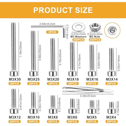 1110Pcs M3 Silver Stainless Steel Hex Socket Screws and Nuts Assortment Kit - color: Silver 1100