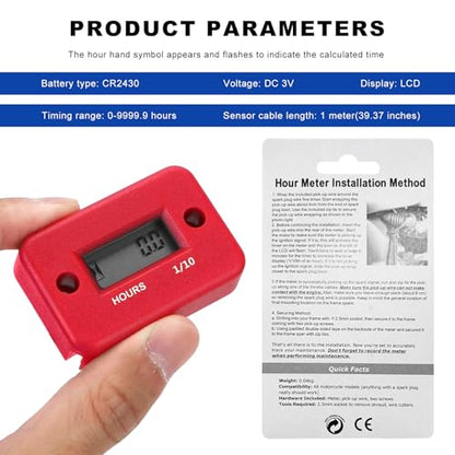 Sun Walker 2PCS Inductive Hour Meter, Waterproof Hour Meter Automatically Shutdown Hr Counter, Digital LCD Hourmeter Maintenance Reminder for Gas Engine Powered Motorcycle Snowmobile (Black+Red) - color: Black+Red