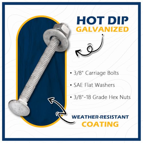 3/8" x 3-1/2" Hot Dip Galvanized Grade 307A Carriage Bolt Kit, 50 Pack, Comes with 3/8" USS Flat Washers & 3/8"-16 Hex Nuts, Heavy Duty Exterior Construction Use - size: 3/8"x3-1/2"
