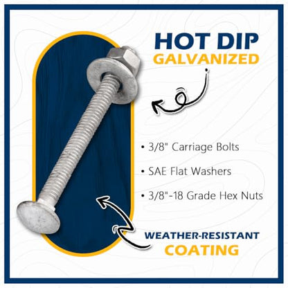 3/8" x 3-1/2" Hot Dip Galvanized Grade 307A Carriage Bolt Kit, 50 Pack, Comes with 3/8" USS Flat Washers & 3/8"-16 Hex Nuts, Heavy Duty Exterior Construction Use - size: 3/8"x3-1/2"