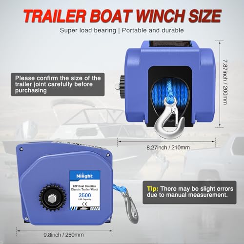 Nilight Boat Trailer Winch 3500 lbs Portable Electric Boat Winches 12 V DC Marine Winch with Synthetic Rope Remote Control Hand Crank Power-in Freewheel Waterproof Winch for Boat Trailer Towing, Blue - color: Blue, size: Synthetic Rope
