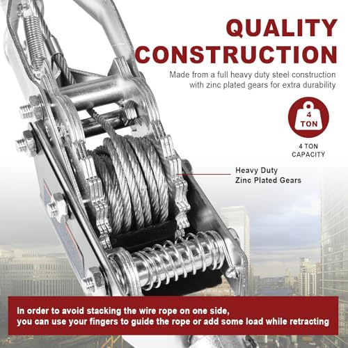 Big RED 4 Ton Come Along Winch, 8000lbs Pulling Capacity, 10ft Steel Cable,3 Hooks, Heavy Duty Power Puller Tool with Dual Gears,Hand Winch Cable, Automotive Hoist Winch Puller,Red - size: 4 Ton (8,000 lb)
