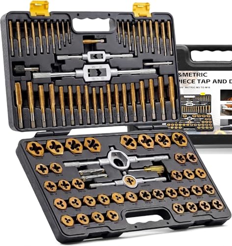 KJE 86PCS SAE & Metric Tap and Die Set (#4 to 5/8”, M3 to M16), Tap Set and Die Tool Set, Coarse and Fine Threading Rethreading Tool Kit with Holders, Gauges, for Internal and External Threading