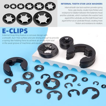 Glarks 261pcs 65Mn-Steel Internal Tooth Star Lock Washers and E-Clip Retaining Rings Kit Includes 100pcs 9 Sizes Push on Locking Washers and 160pcs 14 Sizes E-Ring Circlip Rings and A Tweezer