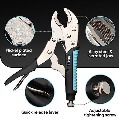 SHALL 6-Piece Locking Pliers, Vice Grips Pliers Set, 5",7" & 10" Curved Jaw Locking Pliers, 6-1/2" & 9-1/2 Long Nose Locking Pliers, 6" Locking C-Clamp, Two-Color TPR Handle, Roll Up Pouch Included