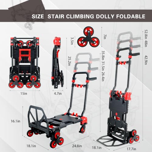 2 in 1 Foldable Stair Climbing Dolly Cart with Wheels(Red) - color: Red