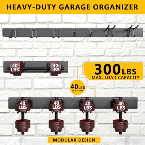 Garage Tool Organizer Wall Mount, 48inch Heavy-Duty Garage Storage System and Garden Tool Organizer with 7 Adjustable Hooks for Shovel, Snowboard, Yard Tools and Shed - size: 48"-7hooks