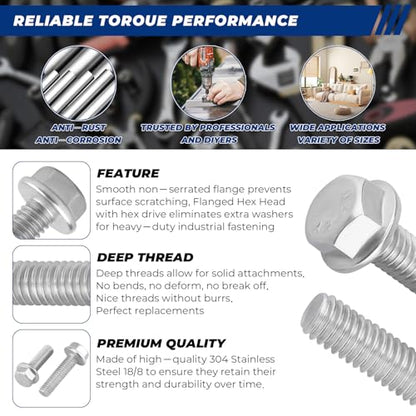 10pcs 3/8-16 x 2 Flange Hex Head Bolts (Non-Serrated), 304 SS - size: 3/8-16 x 2