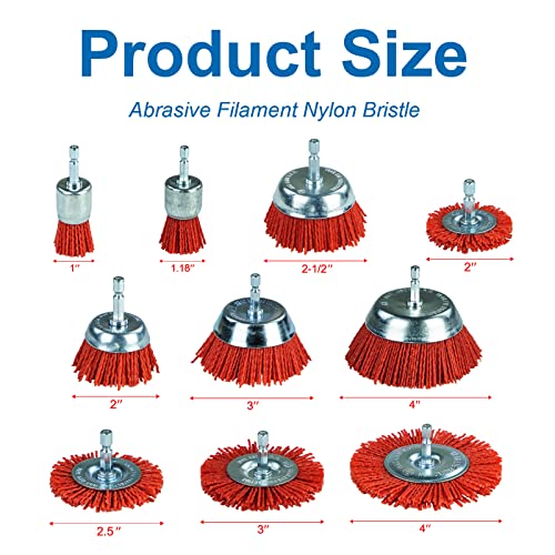 SALI 10 Pack Nylon Filament Abrasive Wire Brush Wheel & Cup Brush Set with 1/4 Inch Hex Shank, 4 Sizes Nylon Drill Brush Set for Removal of Rust Corrosion Paint