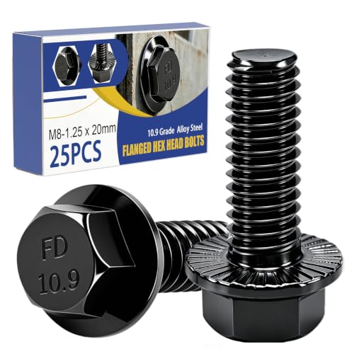 mankk 25PCS M8-1.25 x 20mm Flanged Hex Head Bolts 10.9 Grade High Tensile Alloy Steel,Black Zinc Plated,Full Thread,for Auto Parts, Farm Equipment & DIY Projects - size: BK M8x20mm