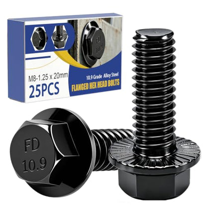 mankk 25PCS M8-1.25 x 20mm Flanged Hex Head Bolts 10.9 Grade High Tensile Alloy Steel,Black Zinc Plated,Full Thread,for Auto Parts, Farm Equipment & DIY Projects - size: BK M8x20mm