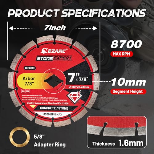 EZARC 7 Inch Segmented Diamond Blade, 7/8"-5/8" Arbor, 1-Pack - size: 7 Inch