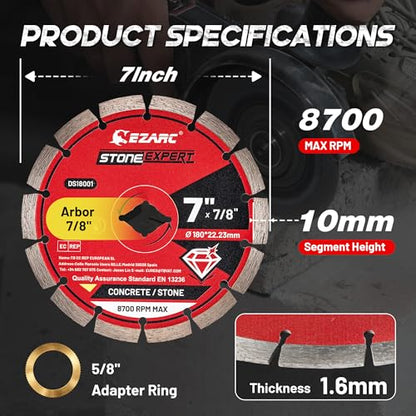 EZARC 7 Inch Segmented Diamond Blade, 7/8"-5/8" Arbor, 1-Pack - size: 7 Inch