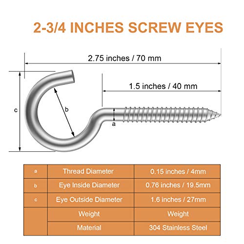 Pack of 20 Metal Eye Screws, 304 Stainless Steel Hooks, Self-Tapping Eye Ring Bolt, Strong Indoor (2-3/4") - size: 2-3/4"X20PCS
