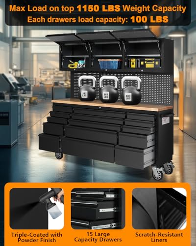 75" Tool Chest Tool Box, Heavy Duty Tool Chest Cabinet with 15 Drawers and 3 Upper Cabinets Combination Tool Cabinet, Large Tool Bench Organizer with Wood Top and Pegboard for Garage, Black - size: 72 in wIth 15 Drawers