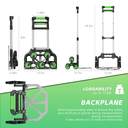 Teprovo Stair Climbing Hand Truck, Foldable Aluminum Lightweight Dolly Cart, 6-Wheel Stairs Climber Dolly 43.3” Handle, 176 lb Flat /110 lb Stair Load,Home & Warehouse No Assembly - color: Green