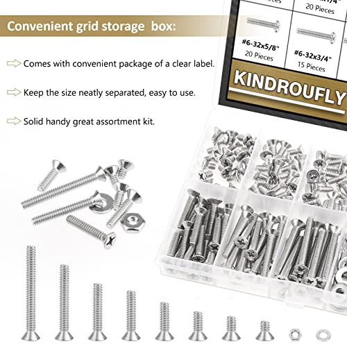 242 Pieces #6-32x 1/4", 5/16", 3/8", 1/2", 5/8", 3/4", 1", 1-1/4", Phillips Countersunk Head Machine Screws Nuts Washers Assortment Kit, 304 Stainless Steel, Fully Machine Thread - size: #6-32