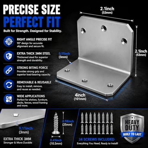 4 Pack 4-Inch L Brackets with 24 Screws, 3mm Galvanized Steel Corner Braces