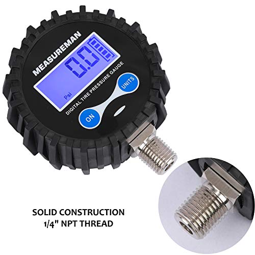 MEASUREMAN 2-1/2" Dial Size Digital Air Pressure Gauge with 1/4'' NPT Bottom Connector and Protective Boot, 0-200psi, Accuracy 1%, Battery Powered, with LED Light - size: Long thread, style: 0-200psi