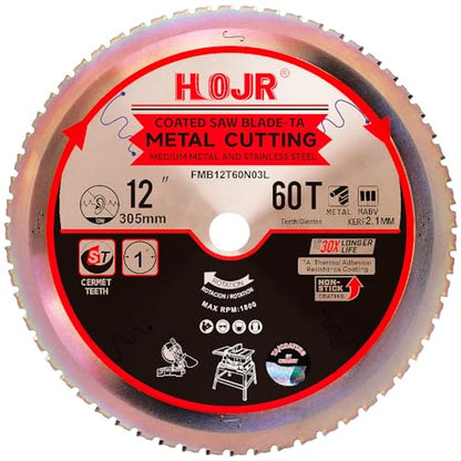 Metal Cutting Circular Saw Blade, Steel and Stainless Steel Cutting, The Cutting Head uses a Special Anti-Heat Sticking Coating with high Finish and Long Life, FMB 12 Inch 60-Tooth 1" TA - size: 12" 60T