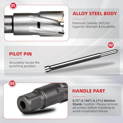 ANGELSWORD TCT Annular Cutter Diameter 1", Cutting Depth 2" Tungsten Carbide Tipped, Mag Drill Bits Kit for Magnetic Drill Press, with One 5/16"*4" Pilot Pin - size: J. 26mm(1"+0.02"), style: TCT 2" Cut Depth