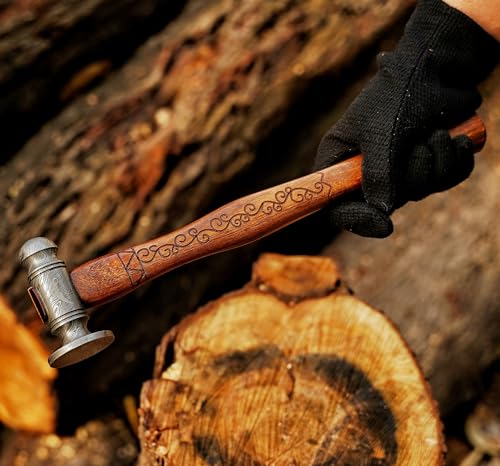 Premium Ball Peen Hammer with Forged Damascus Steel Head- Pein Hammer with Comfort Grip Engraved Wooden Handle- Best Tool For Metalworking And Carpentry