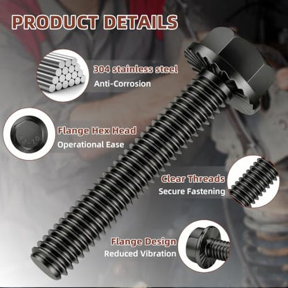 Mellewell 1/4-20 x 1-3/4" Flanged Hex Head Bolts Flange Hexagon Screws, Stainless Steel A2 Black Finish, DIN 6921, 25 PCS - color: Black, size: 1/4-20 x 1-3/4"
