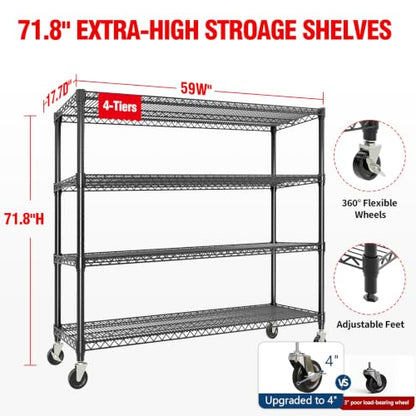 Garvee 71.8"H Metal Shelving with Wheels, 4-Tier Storage Shelves Heavy Duty - size: 59" Wx71.8 H