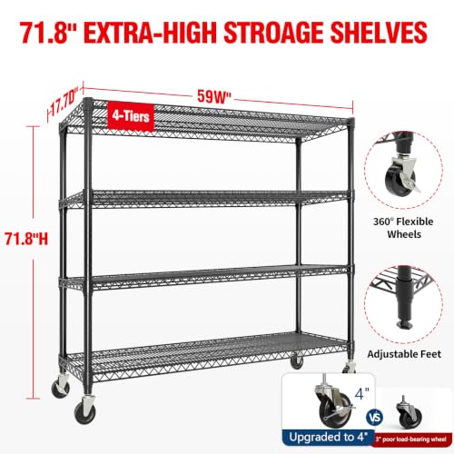 Garvee 71.8"H Metal Shelving with Wheels, 4-Tier Storage Shelves Heavy Duty - size: 59" Wx71.8 H