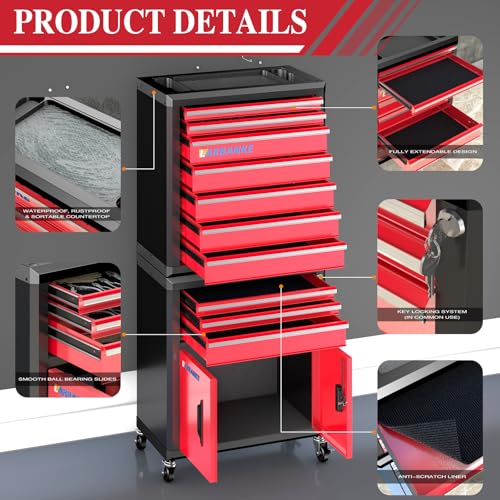 LARBANKE 10-Drawer Rolling Tool Chest with Wheels&Locks, Red Tool Cabinet - color: Red, size: 10 drawer and double-door tool chest