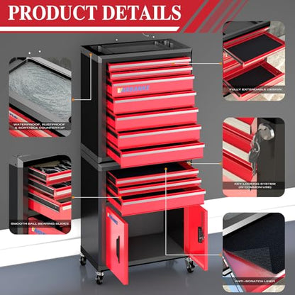 LARBANKE 10-Drawer Rolling Tool Chest with Wheels&Locks, Red Tool Cabinet - color: Red, size: 10 drawer and double-door tool chest