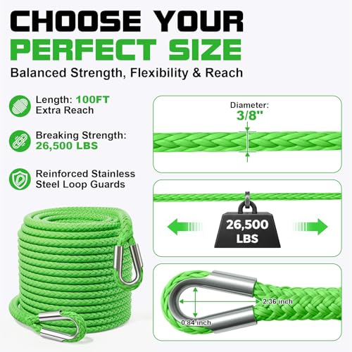 Synthetic Winch Rope Extension - 3/8" x 100ft 27000 lbs Heavy Duty Extension Winch Line Cable Replacement for ATV UTV Off Road Vehicle Jeep Truck - Green - color: Green, size: 3/8 Inch x 100 Feet