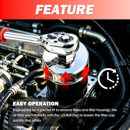 65-64mm 14 Flute Oil Filter Wrench & 10" Reversible 1/2 Ratchet Wrench