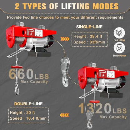 Electric Hoist, 1320 lbs Electric Winch with 328 ft Wireless & 13ft Wired Remote Control, Single/Double Slings, 40 ft Single Cable Lifting Height, Lift Hoist for Garage, Warehouses, Attic - style: 1320lbs Wireless/Wired