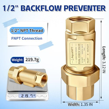 Lead-Free Brass Dual Check Valve, 1/2 Inch NPT Female Backflow Preventer