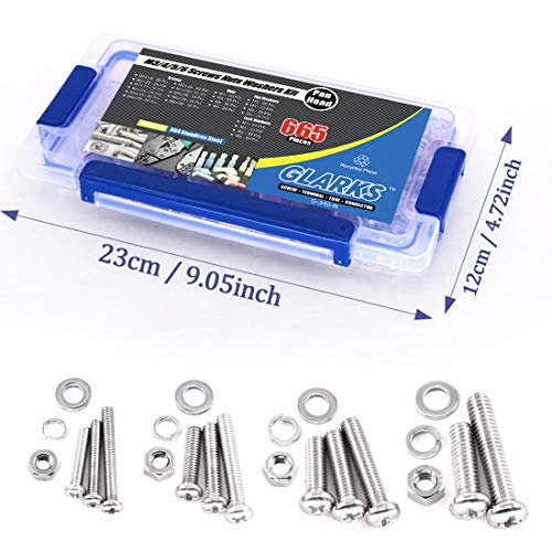Glarks 665Pcs M3 M4 M5 M6 Stainless Steel Phillips Pan Head Screws Bolts Nuts and Flat Gasket Spring Washers Assortment Kit - style: Pan head screws