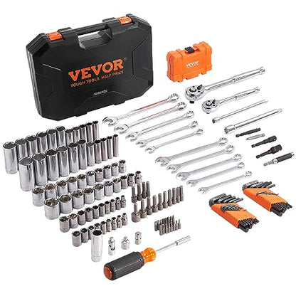 VEVOR Mechanics Tool Set and Socket Set, 1/4" and 3/8" Drive Deep and Standard Sockets, 145 Pcs SAE and Metric Mechanic Tool Kit with Bits, Combination Wrench, Hex Wrenches, Accessories, Storage Case - size: 145-PCS